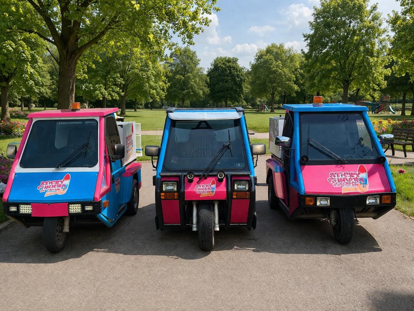 The Sticky Fingers Ice Cream fleet — three pink and blue scooter trucks lined up at a park